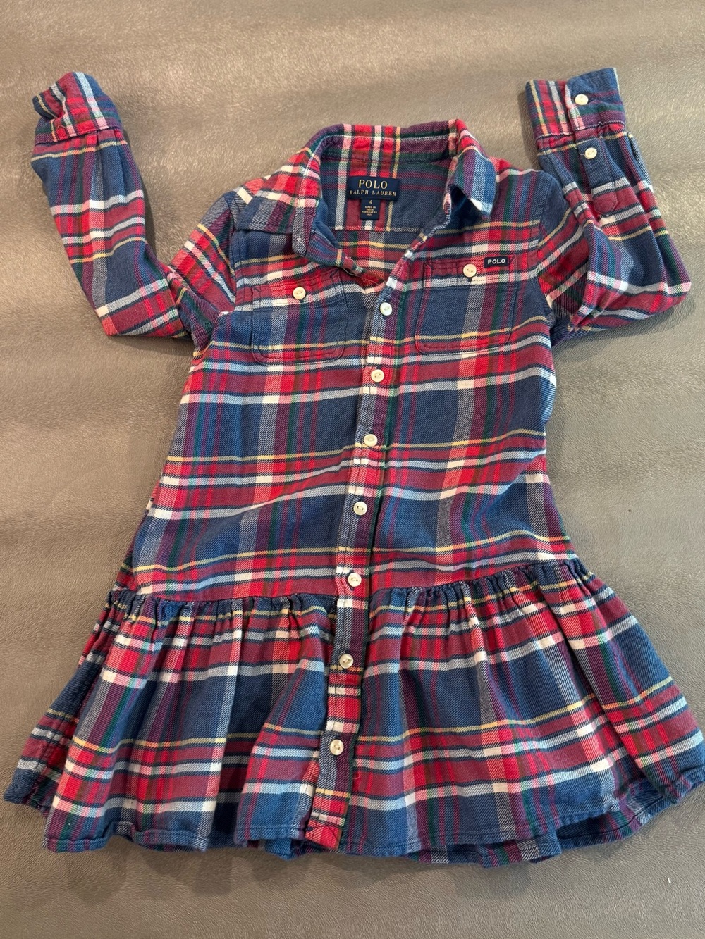 Polo Ralph Lauren Red & Navy Plaid Button-Front Dress. Size 4